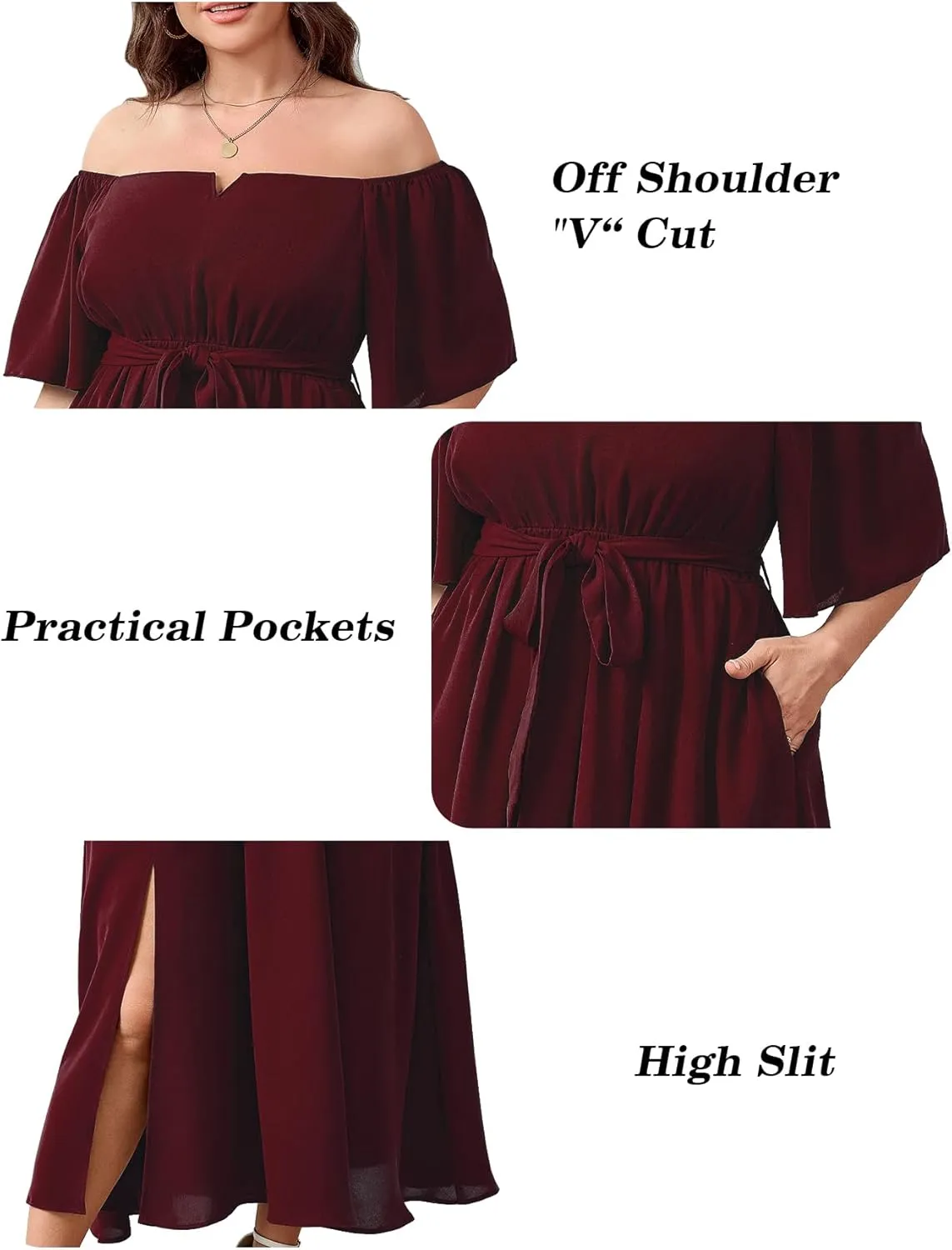 SCOMCHIC Womens Plus Size Formal Maxi Dress Off The Shoulder Wedding Guest Cocktail A-Line Split Long Dress with Pockets
