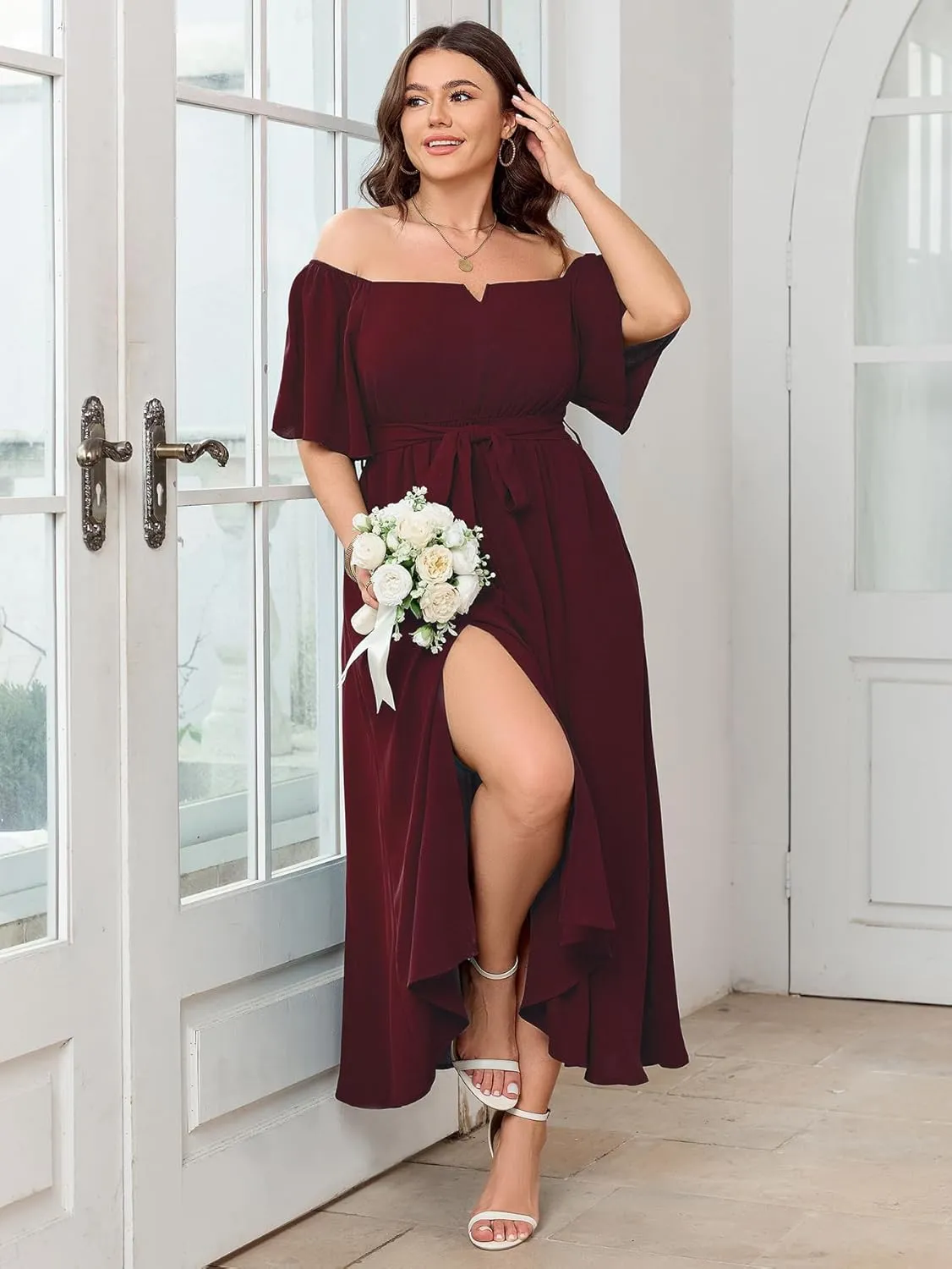 SCOMCHIC Womens Plus Size Formal Maxi Dress Off The Shoulder Wedding Guest Cocktail A-Line Split Long Dress with Pockets