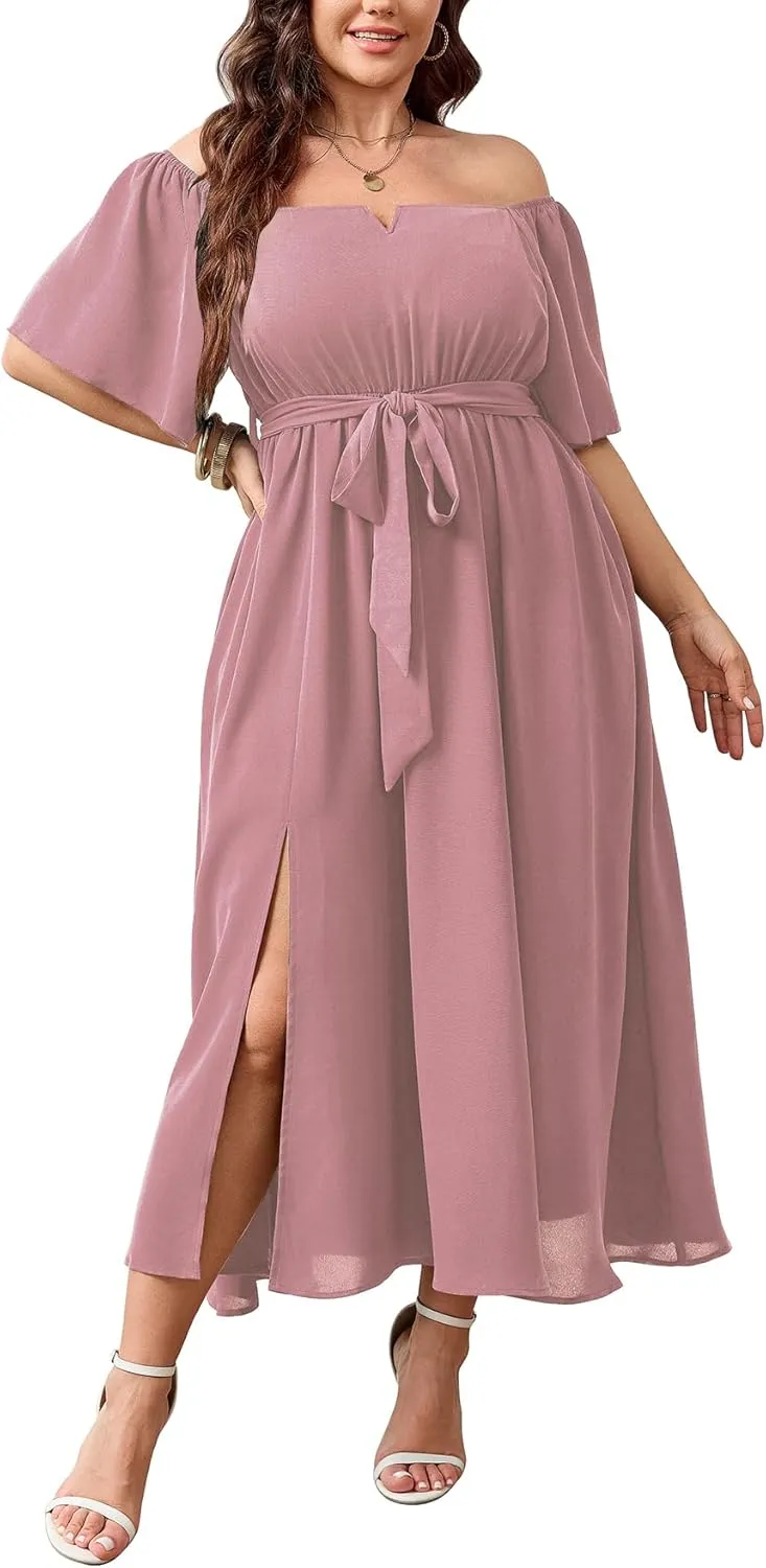 SCOMCHIC Womens Plus Size Formal Maxi Dress Off The Shoulder Wedding Guest Cocktail A-Line Split Long Dress with Pockets