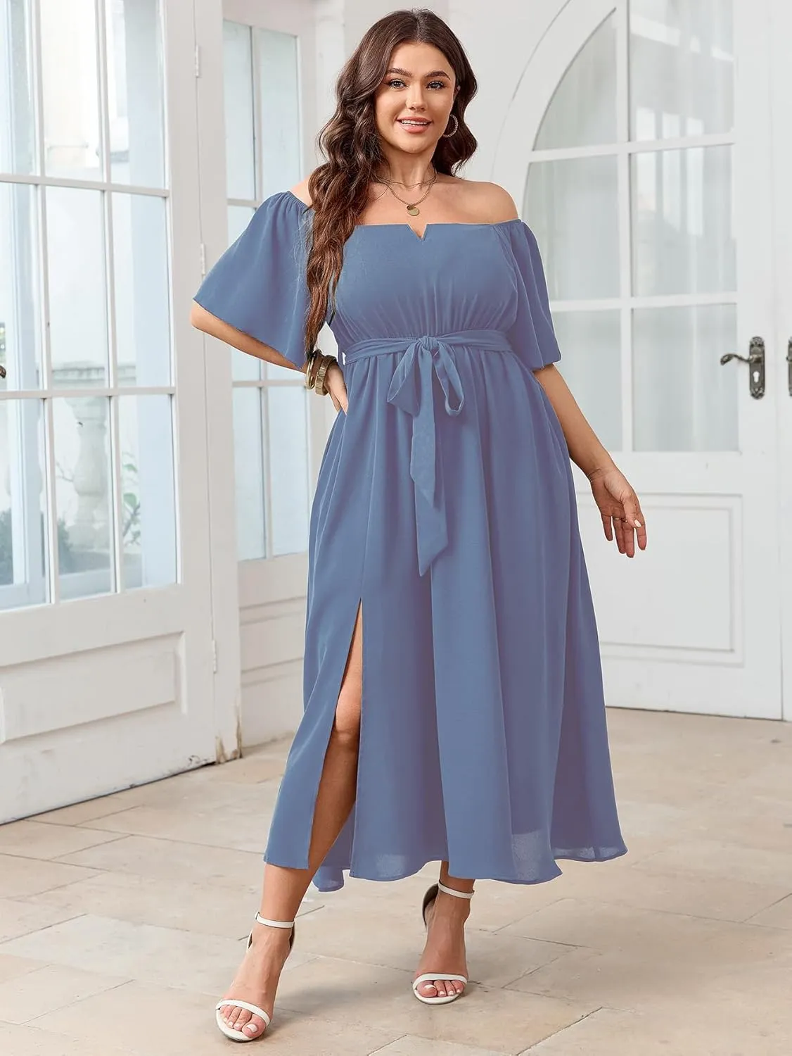 SCOMCHIC Womens Plus Size Formal Maxi Dress Off The Shoulder Wedding Guest Cocktail A-Line Split Long Dress with Pockets