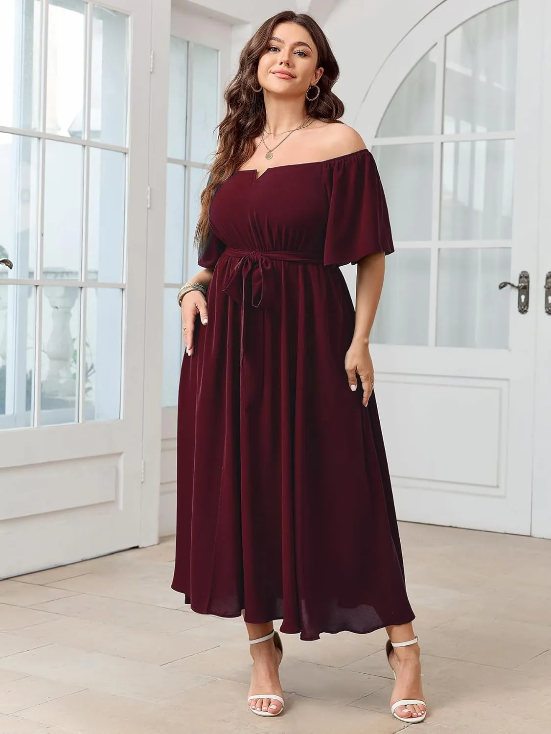 SCOMCHIC Womens Plus Size Formal Maxi Dress Off The Shoulder Wedding Guest Cocktail A-Line Split Long Dress with Pockets