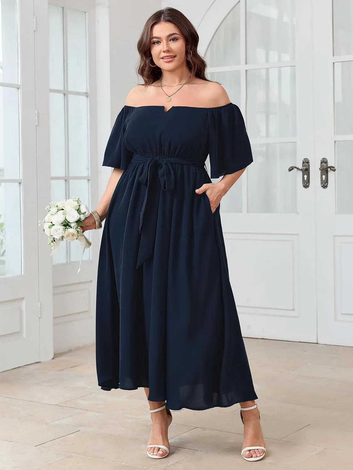 SCOMCHIC Womens Plus Size Formal Maxi Dress Off The Shoulder Wedding Guest Cocktail A-Line Split Long Dress with Pockets
