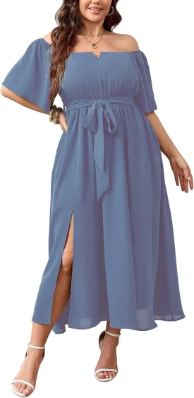 SCOMCHIC Womens Plus Size Formal Maxi Dress Off The Shoulder Wedding Guest Cocktail A-Line Split Long Dress with Pockets