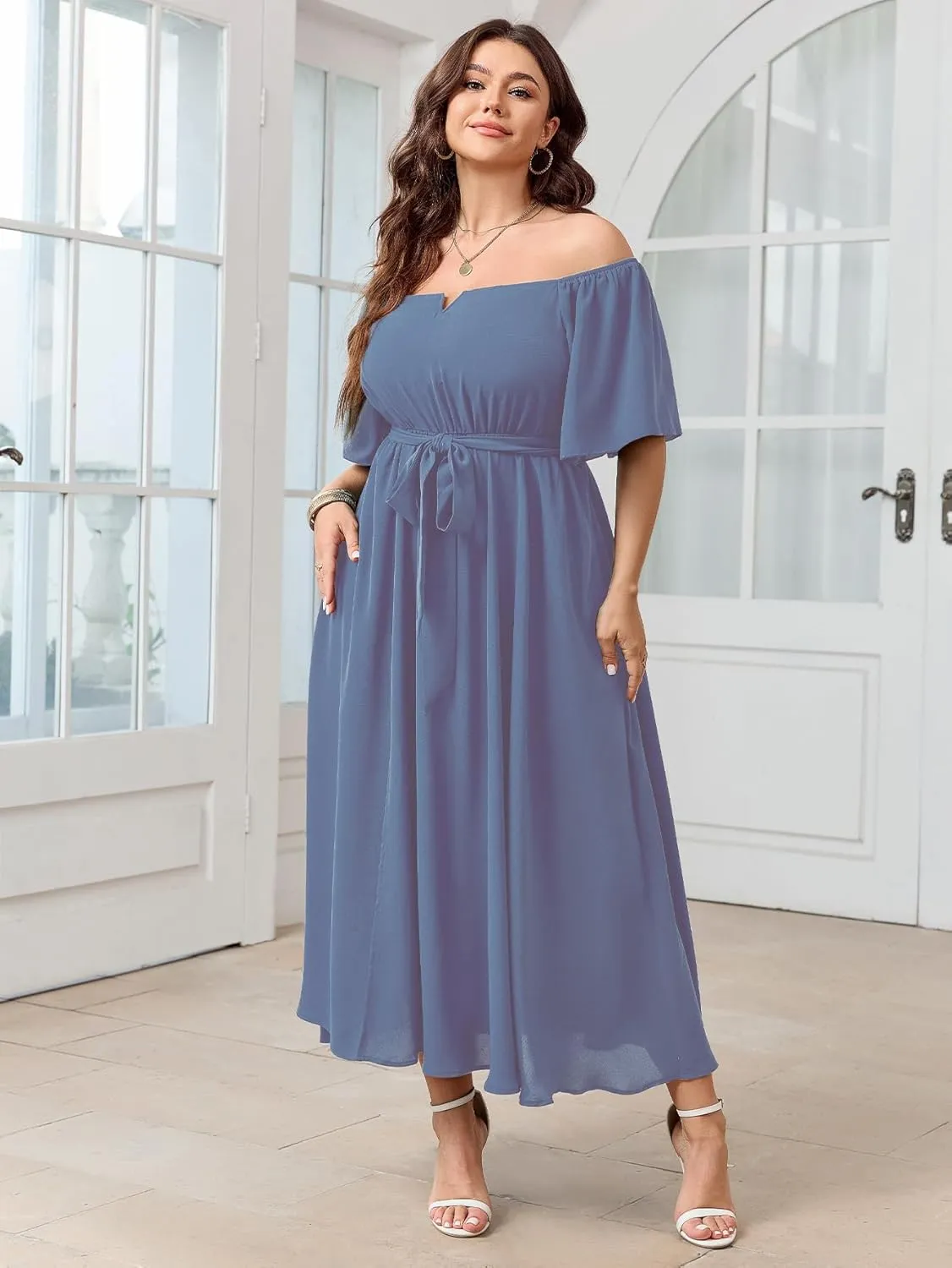 SCOMCHIC Womens Plus Size Formal Maxi Dress Off The Shoulder Wedding Guest Cocktail A-Line Split Long Dress with Pockets