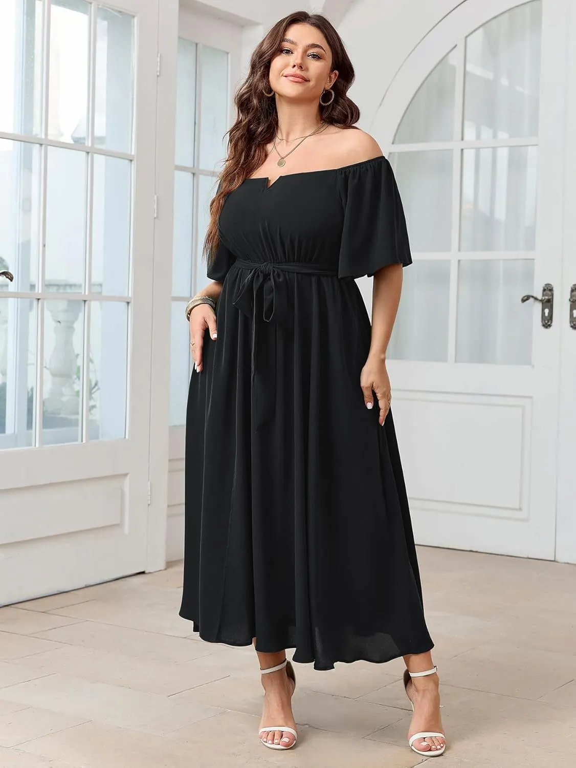 SCOMCHIC Womens Plus Size Formal Maxi Dress Off The Shoulder Wedding Guest Cocktail A-Line Split Long Dress with Pockets