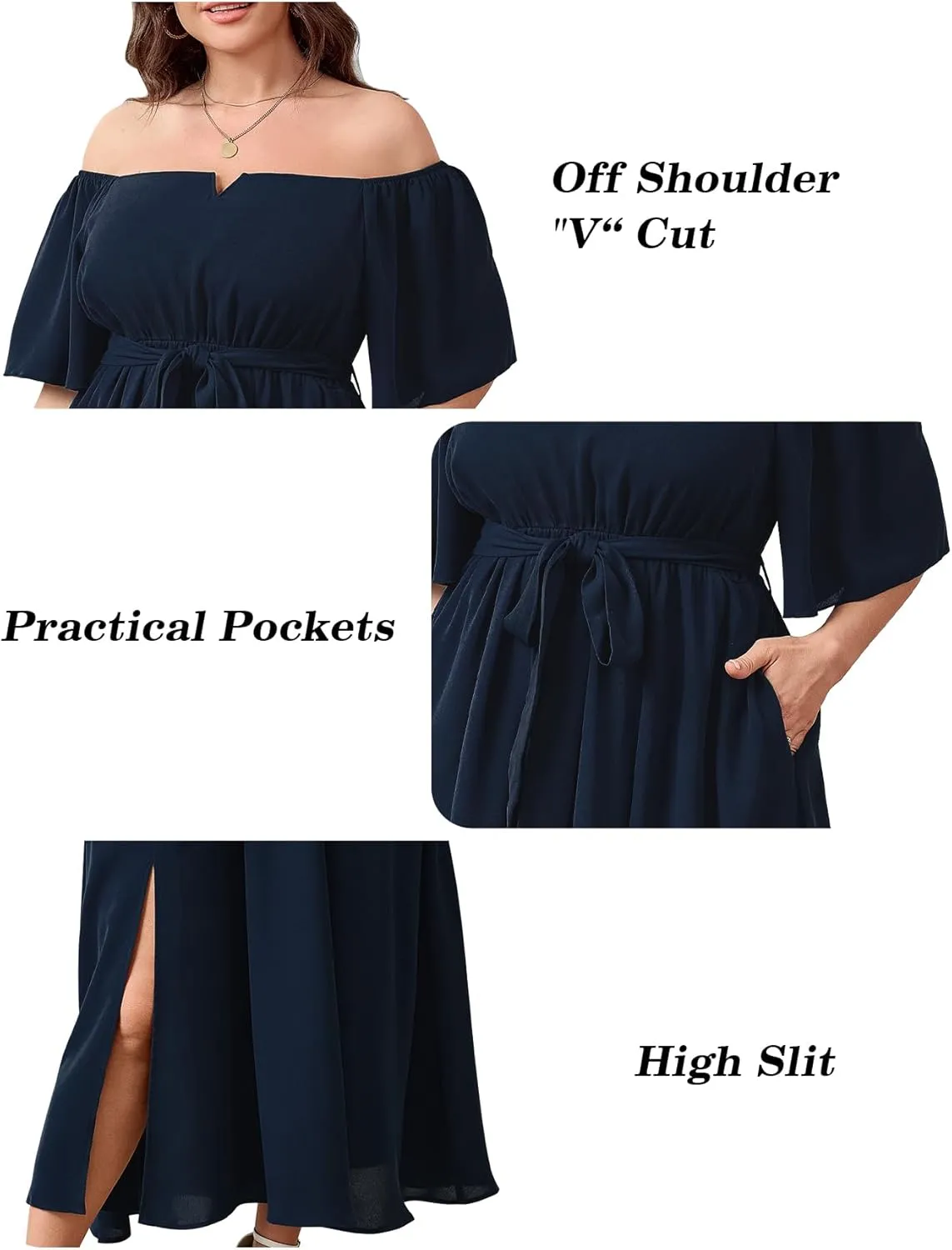 SCOMCHIC Womens Plus Size Formal Maxi Dress Off The Shoulder Wedding Guest Cocktail A-Line Split Long Dress with Pockets