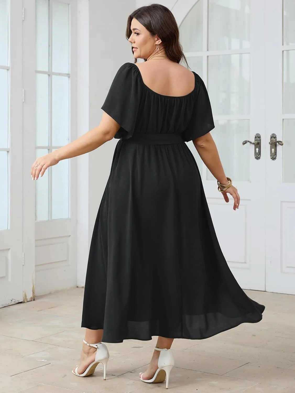 SCOMCHIC Womens Plus Size Formal Maxi Dress Off The Shoulder Wedding Guest Cocktail A-Line Split Long Dress with Pockets