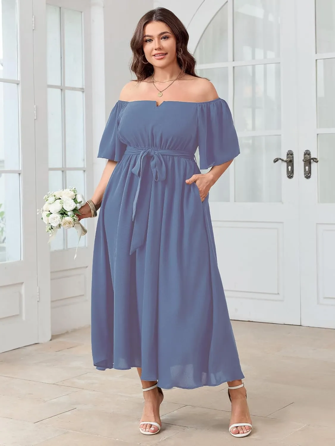 SCOMCHIC Womens Plus Size Formal Maxi Dress Off The Shoulder Wedding Guest Cocktail A-Line Split Long Dress with Pockets