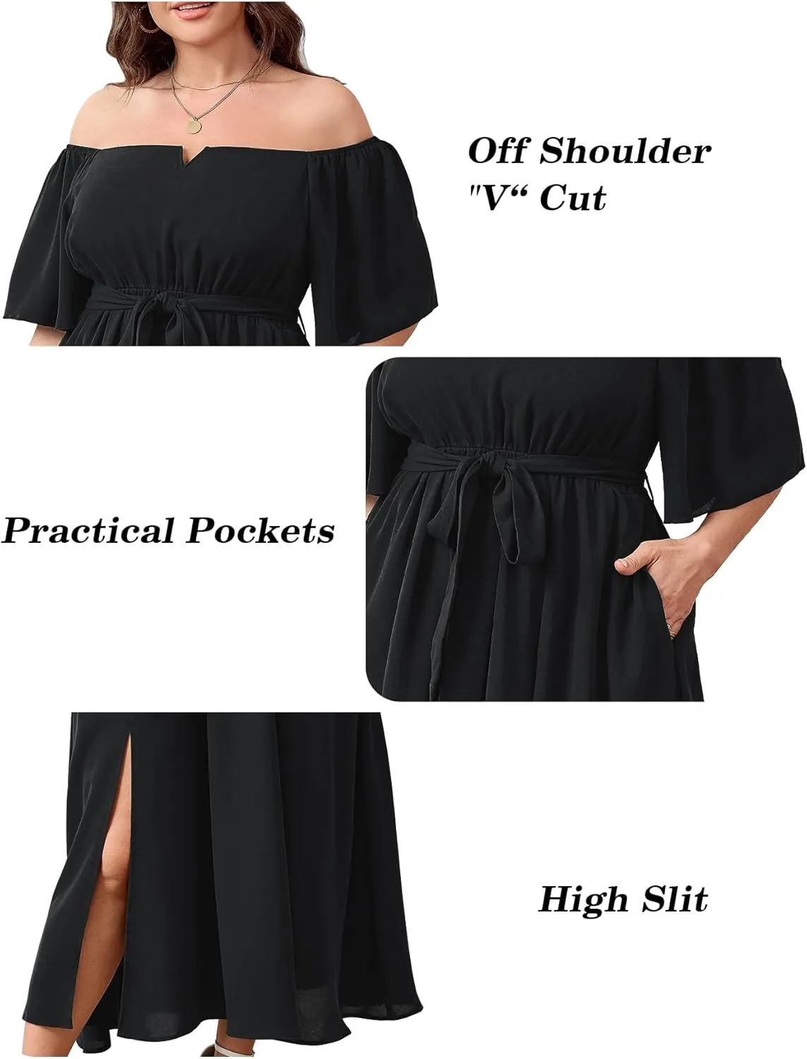 SCOMCHIC Womens Plus Size Formal Maxi Dress Off The Shoulder Wedding Guest Cocktail A-Line Split Long Dress with Pockets