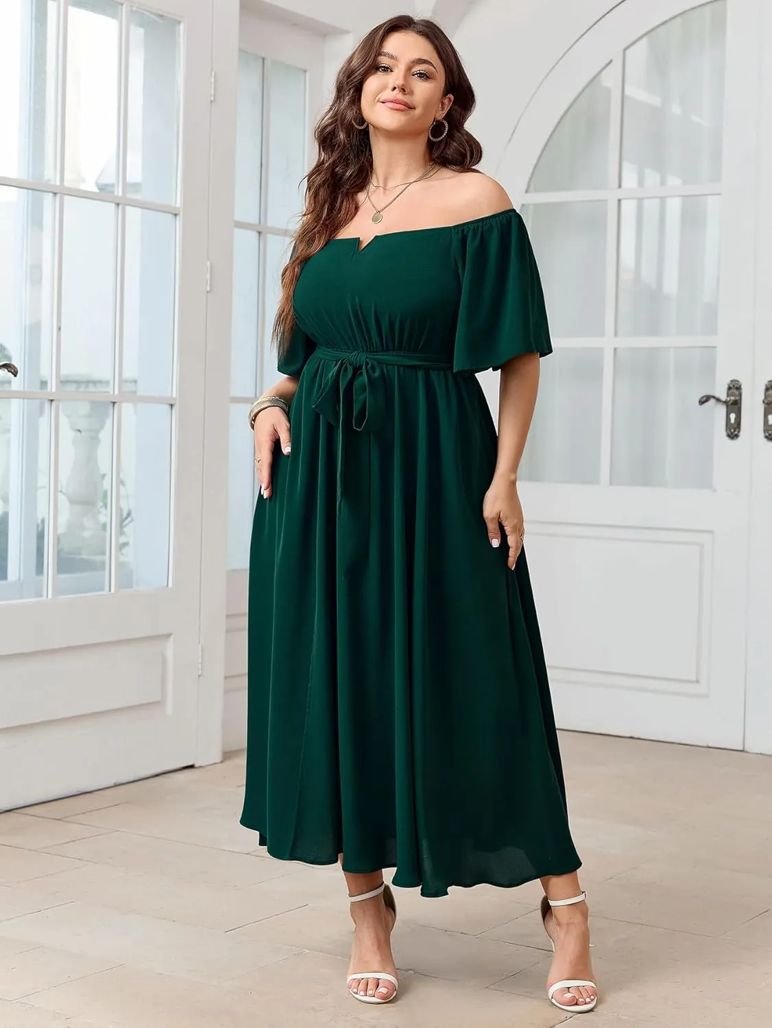SCOMCHIC Womens Plus Size Formal Maxi Dress Off The Shoulder Wedding Guest Cocktail A-Line Split Long Dress with Pockets