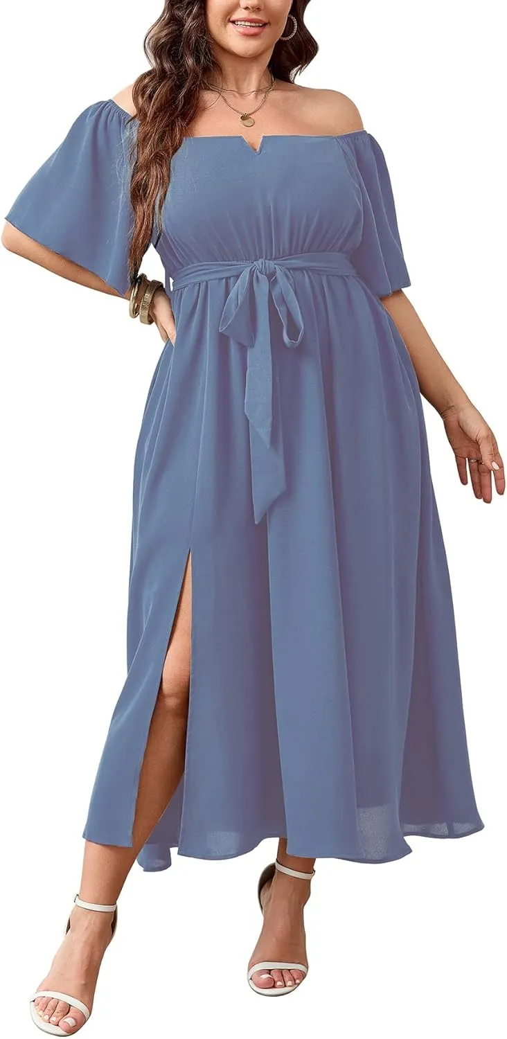 SCOMCHIC Womens Plus Size Formal Maxi Dress Off The Shoulder Wedding Guest Cocktail A-Line Split Long Dress with Pockets