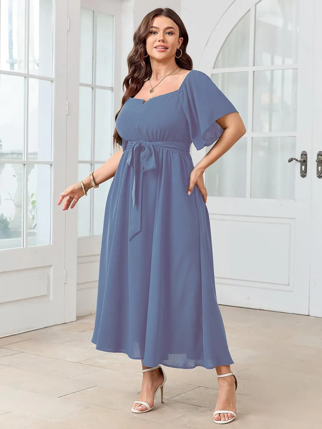 SCOMCHIC Womens Plus Size Formal Maxi Dress Off The Shoulder Wedding Guest Cocktail A-Line Split Long Dress with Pockets