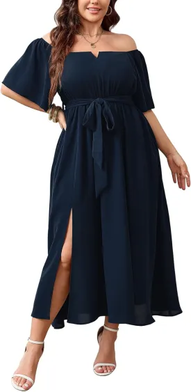 SCOMCHIC Womens Plus Size Formal Maxi Dress Off The Shoulder Wedding Guest Cocktail A-Line Split Long Dress with Pockets