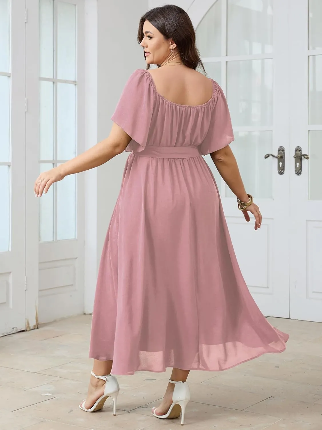 SCOMCHIC Womens Plus Size Formal Maxi Dress Off The Shoulder Wedding Guest Cocktail A-Line Split Long Dress with Pockets