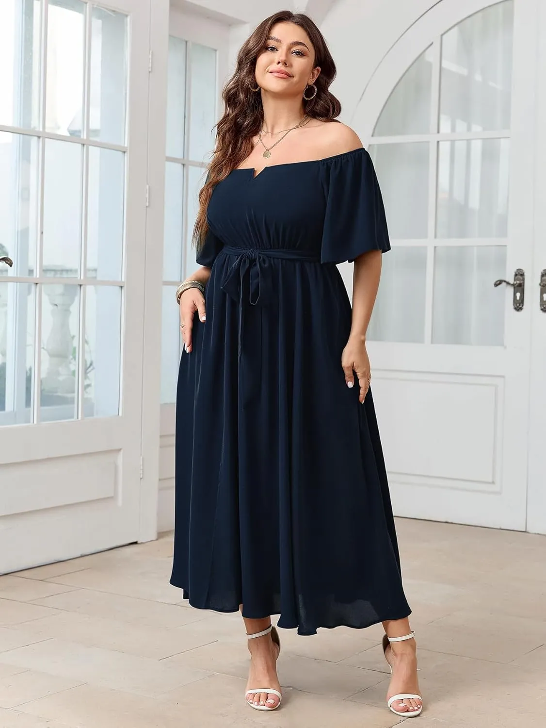SCOMCHIC Womens Plus Size Formal Maxi Dress Off The Shoulder Wedding Guest Cocktail A-Line Split Long Dress with Pockets