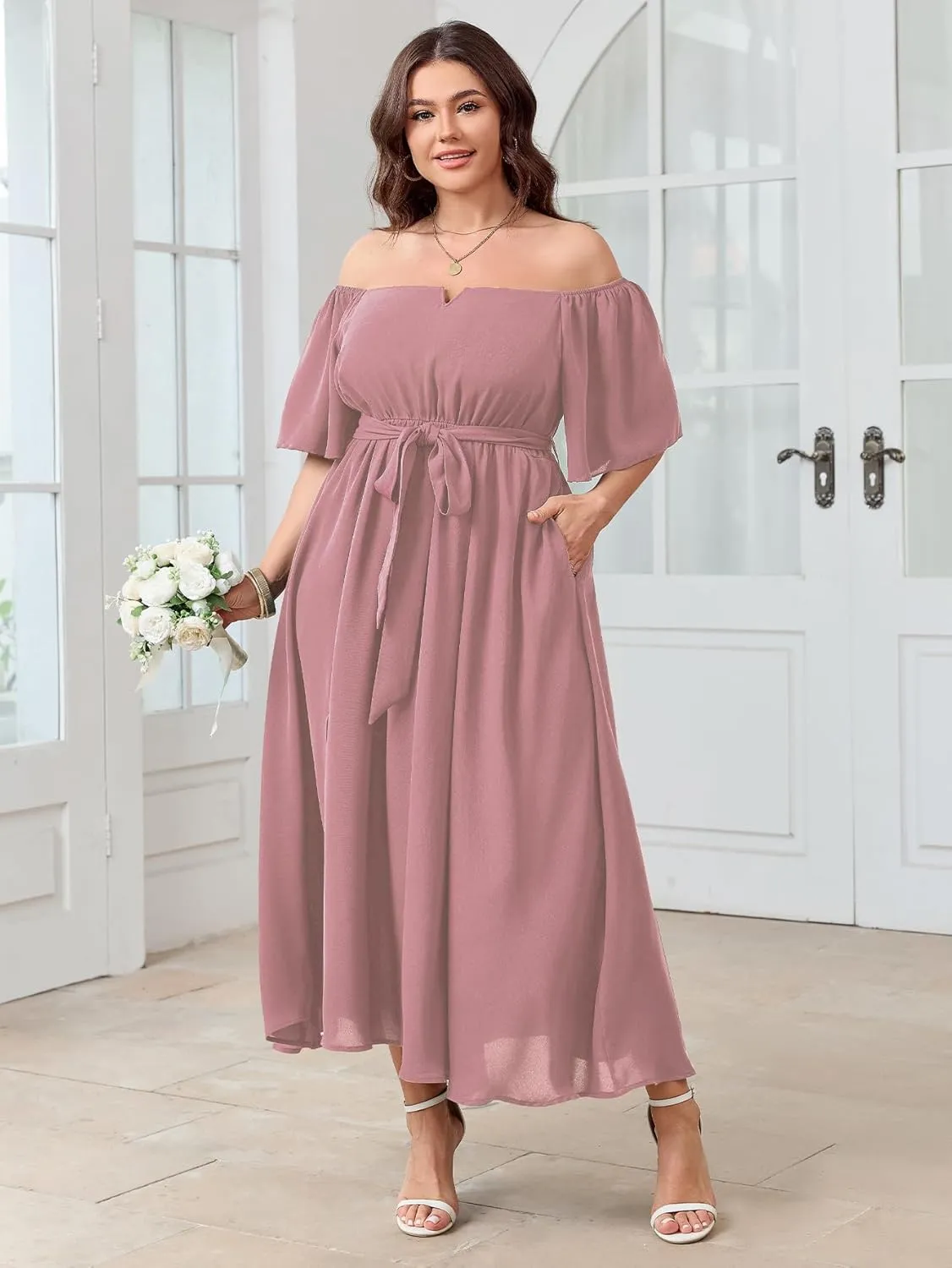SCOMCHIC Womens Plus Size Formal Maxi Dress Off The Shoulder Wedding Guest Cocktail A-Line Split Long Dress with Pockets