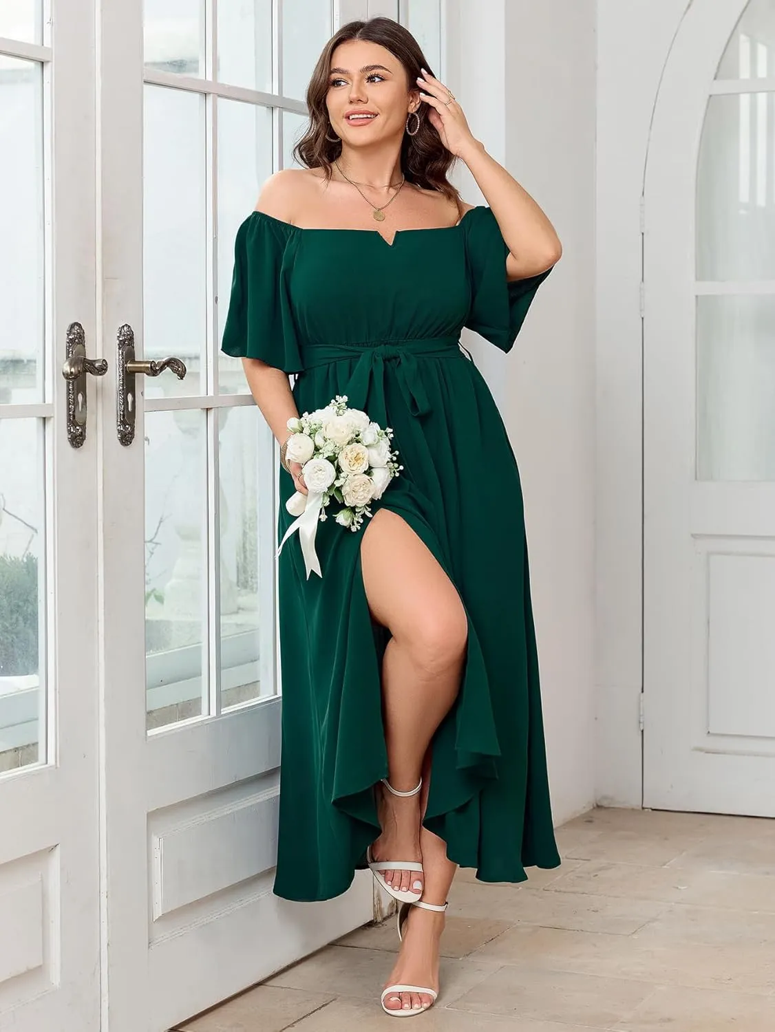 SCOMCHIC Womens Plus Size Formal Maxi Dress Off The Shoulder Wedding Guest Cocktail A-Line Split Long Dress with Pockets