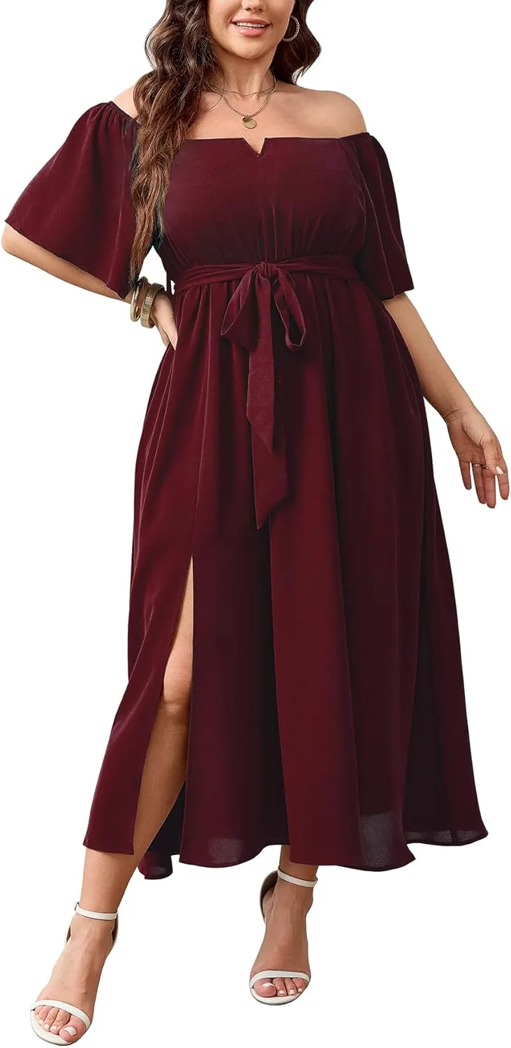 SCOMCHIC Womens Plus Size Formal Maxi Dress Off The Shoulder Wedding Guest Cocktail A-Line Split Long Dress with Pockets