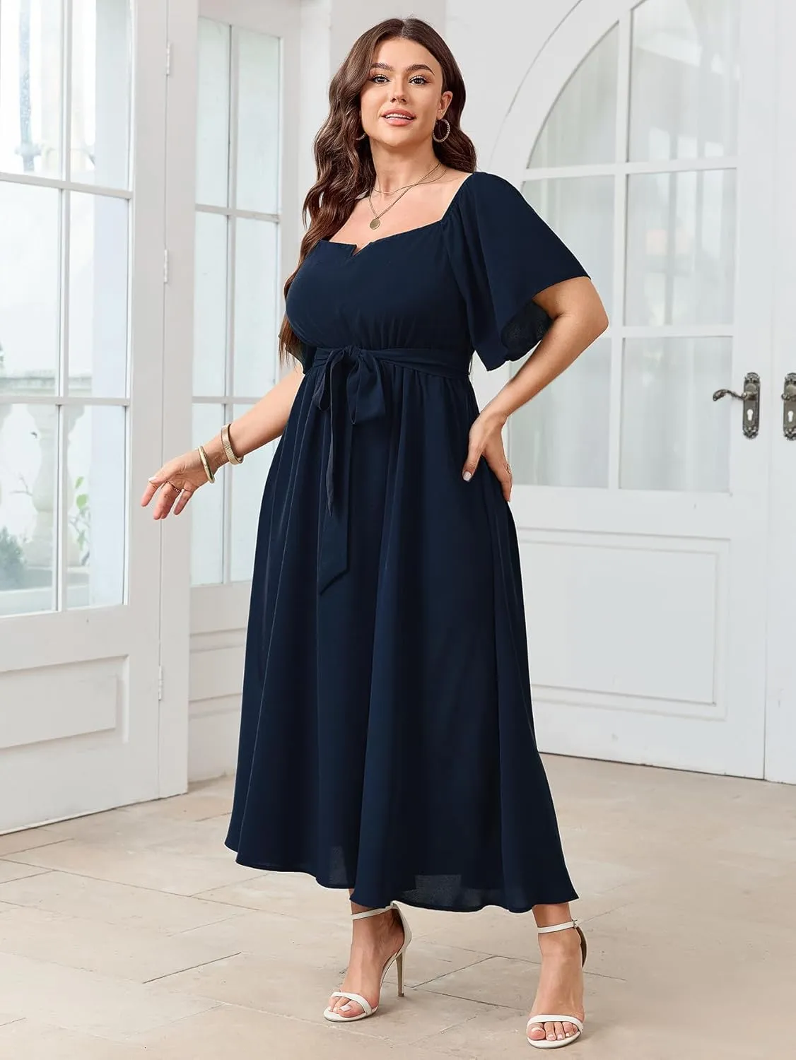 SCOMCHIC Womens Plus Size Formal Maxi Dress Off The Shoulder Wedding Guest Cocktail A-Line Split Long Dress with Pockets