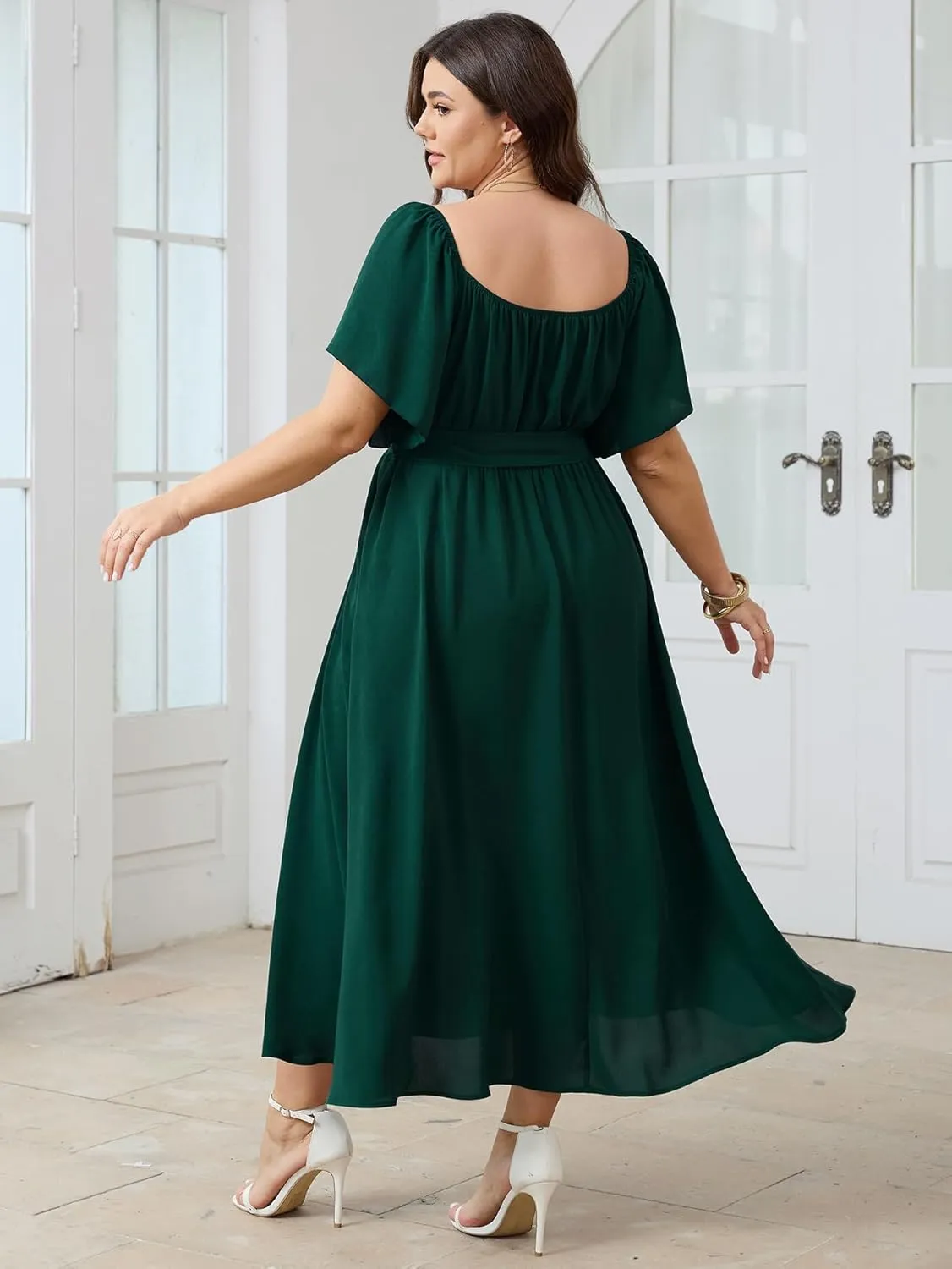 SCOMCHIC Womens Plus Size Formal Maxi Dress Off The Shoulder Wedding Guest Cocktail A-Line Split Long Dress with Pockets