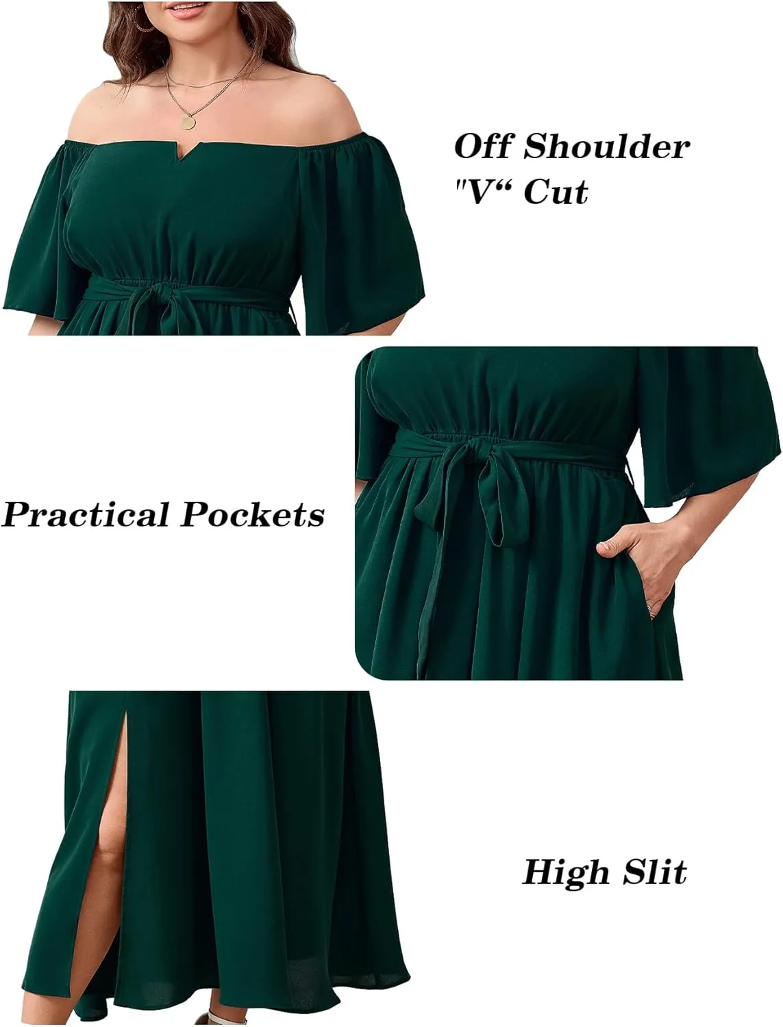 SCOMCHIC Womens Plus Size Formal Maxi Dress Off The Shoulder Wedding Guest Cocktail A-Line Split Long Dress with Pockets