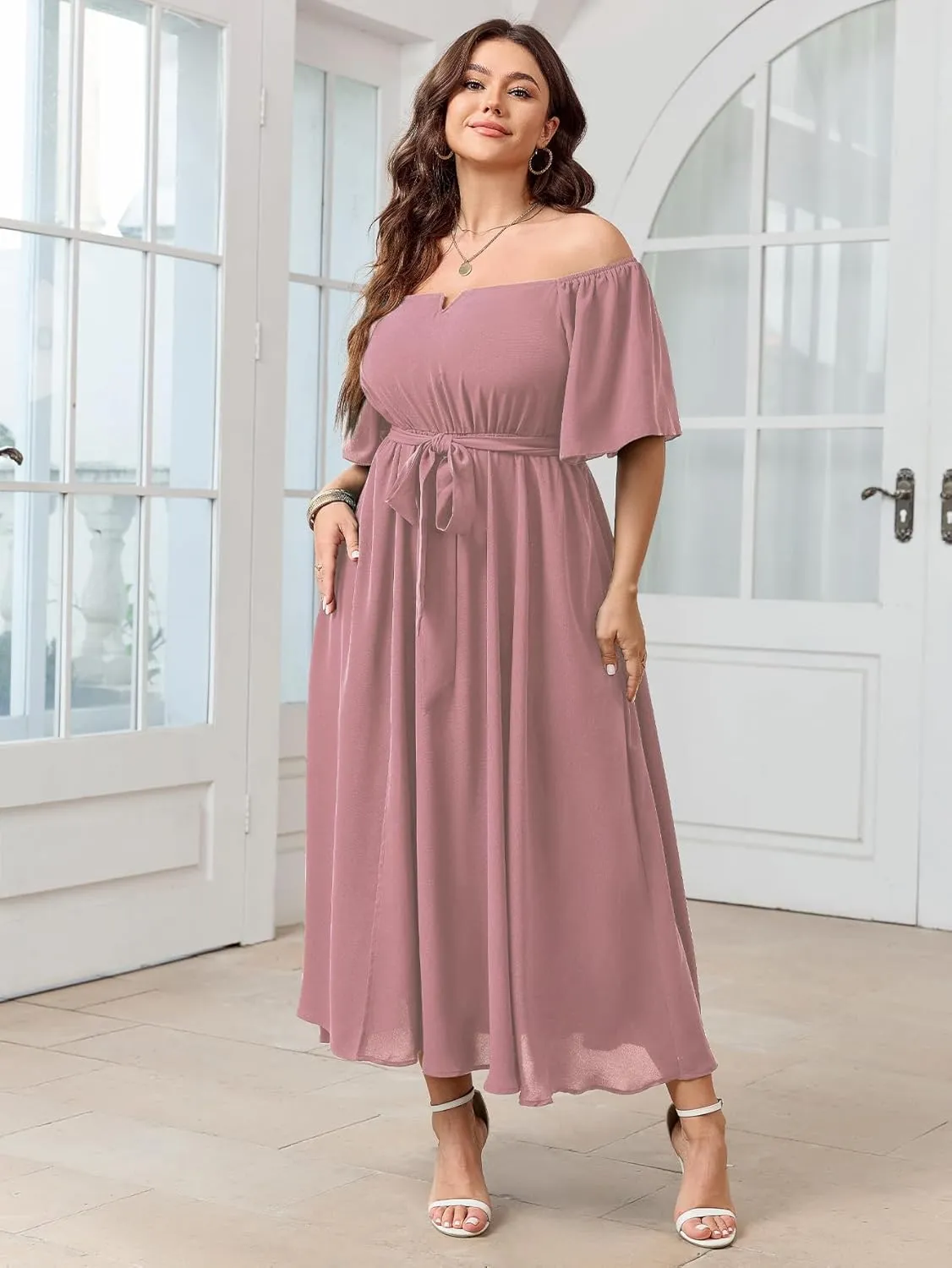 SCOMCHIC Womens Plus Size Formal Maxi Dress Off The Shoulder Wedding Guest Cocktail A-Line Split Long Dress with Pockets