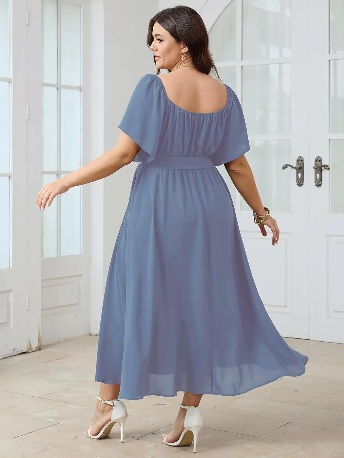 SCOMCHIC Womens Plus Size Formal Maxi Dress Off The Shoulder Wedding Guest Cocktail A-Line Split Long Dress with Pockets