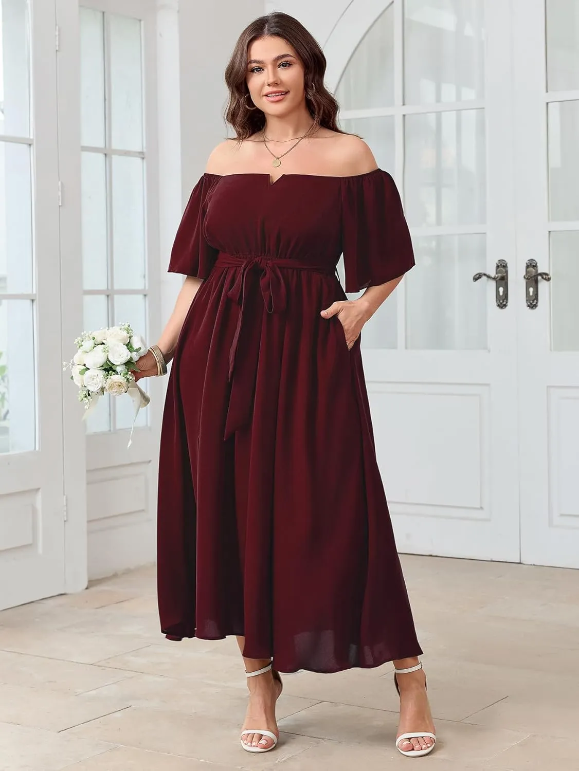SCOMCHIC Womens Plus Size Formal Maxi Dress Off The Shoulder Wedding Guest Cocktail A-Line Split Long Dress with Pockets