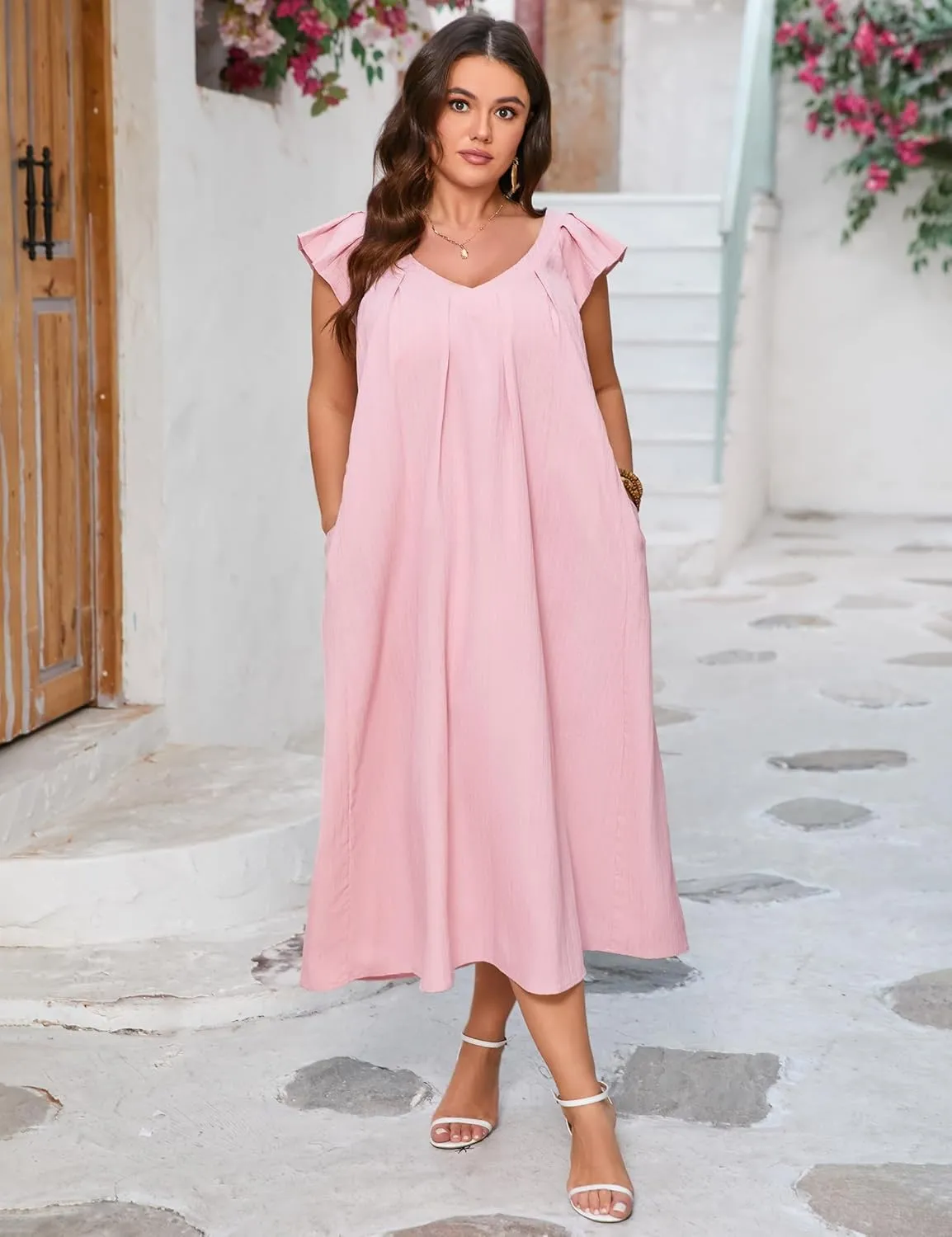 ShopWonder Womens Plus Size Loose Casual Dress Summer Short Sleeve V-Neck Midi Dress with Belt Pleated Ruffle Babydoll
