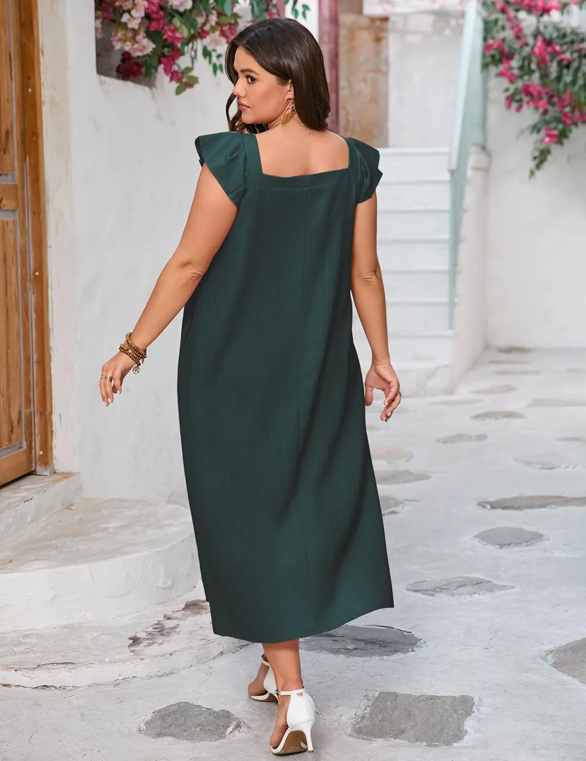 ShopWonder Womens Plus Size Loose Casual Dress Summer Short Sleeve V-Neck Midi Dress with Belt Pleated Ruffle Babydoll