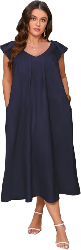 ShopWonder Womens Plus Size Loose Casual Dress Summer Short Sleeve V-Neck Midi Dress with Belt Pleated Ruffle Babydoll