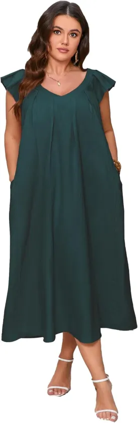 ShopWonder Womens Plus Size Loose Casual Dress Summer Short Sleeve V-Neck Midi Dress with Belt Pleated Ruffle Babydoll