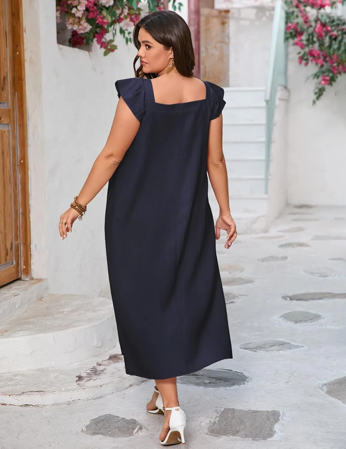 ShopWonder Womens Plus Size Loose Casual Dress Summer Short Sleeve V-Neck Midi Dress with Belt Pleated Ruffle Babydoll