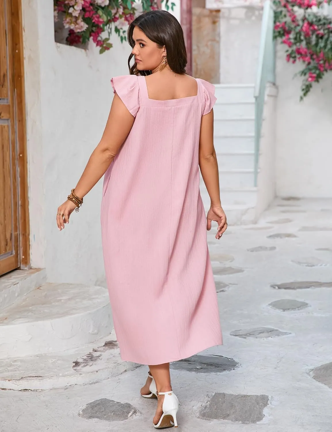 ShopWonder Womens Plus Size Loose Casual Dress Summer Short Sleeve V-Neck Midi Dress with Belt Pleated Ruffle Babydoll