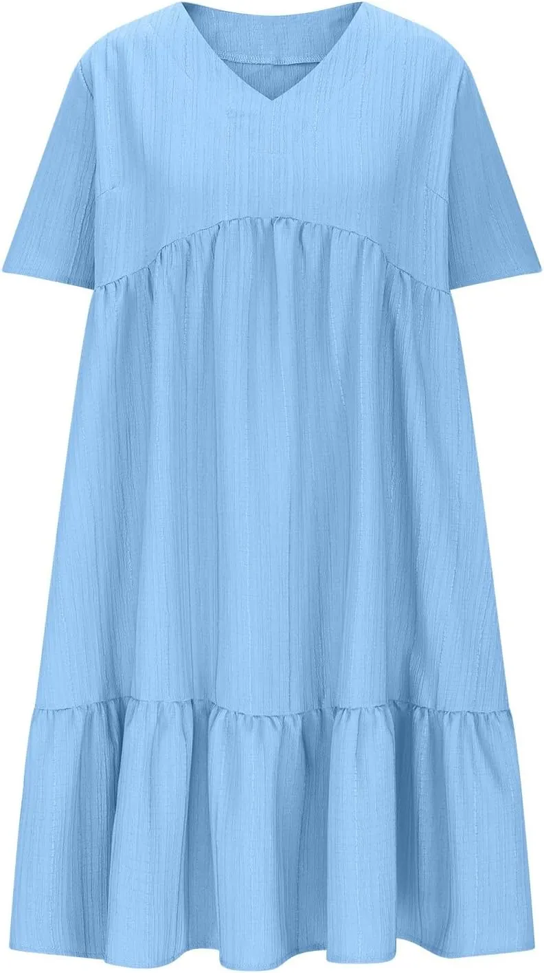 Summer Dresses for Women 2025 Vacation Casual Short Sleeve V Neck Pleated Ruffle Hem Flowy Swing Beach Short Mini Dress