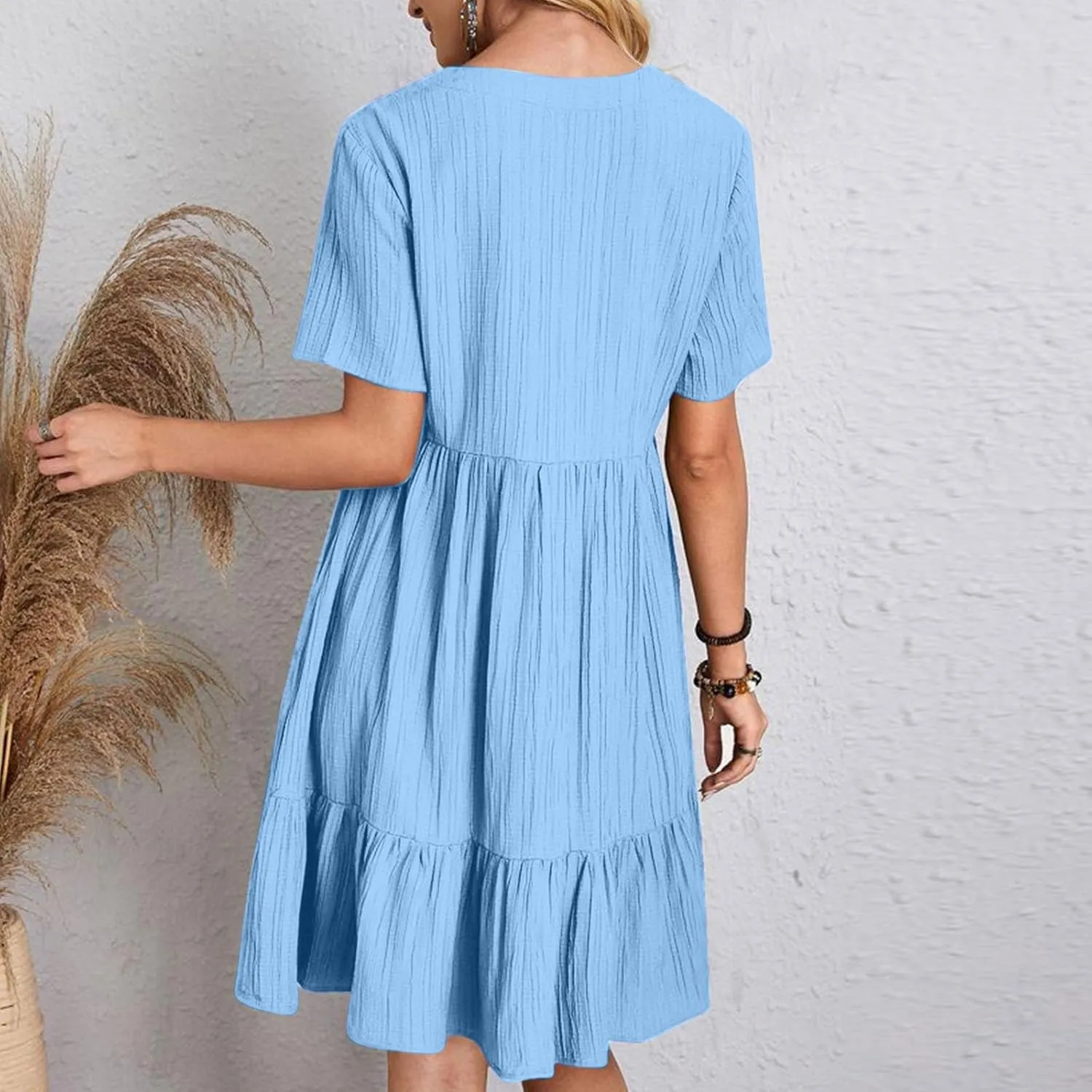 Summer Dresses for Women 2025 Vacation Casual Short Sleeve V Neck Pleated Ruffle Hem Flowy Swing Beach Short Mini Dress