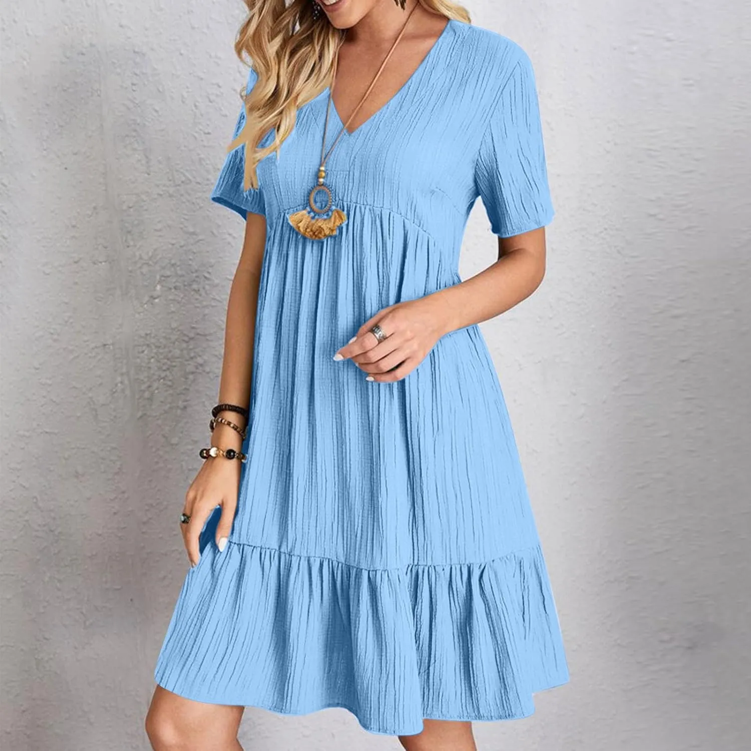 Summer Dresses for Women 2025 Vacation Casual Short Sleeve V Neck Pleated Ruffle Hem Flowy Swing Beach Short Mini Dress