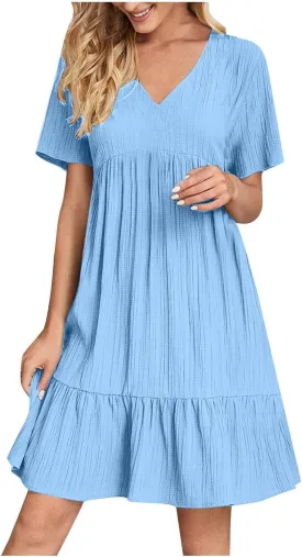 Summer Dresses for Women 2025 Vacation Casual Short Sleeve V Neck Pleated Ruffle Hem Flowy Swing Beach Short Mini Dress