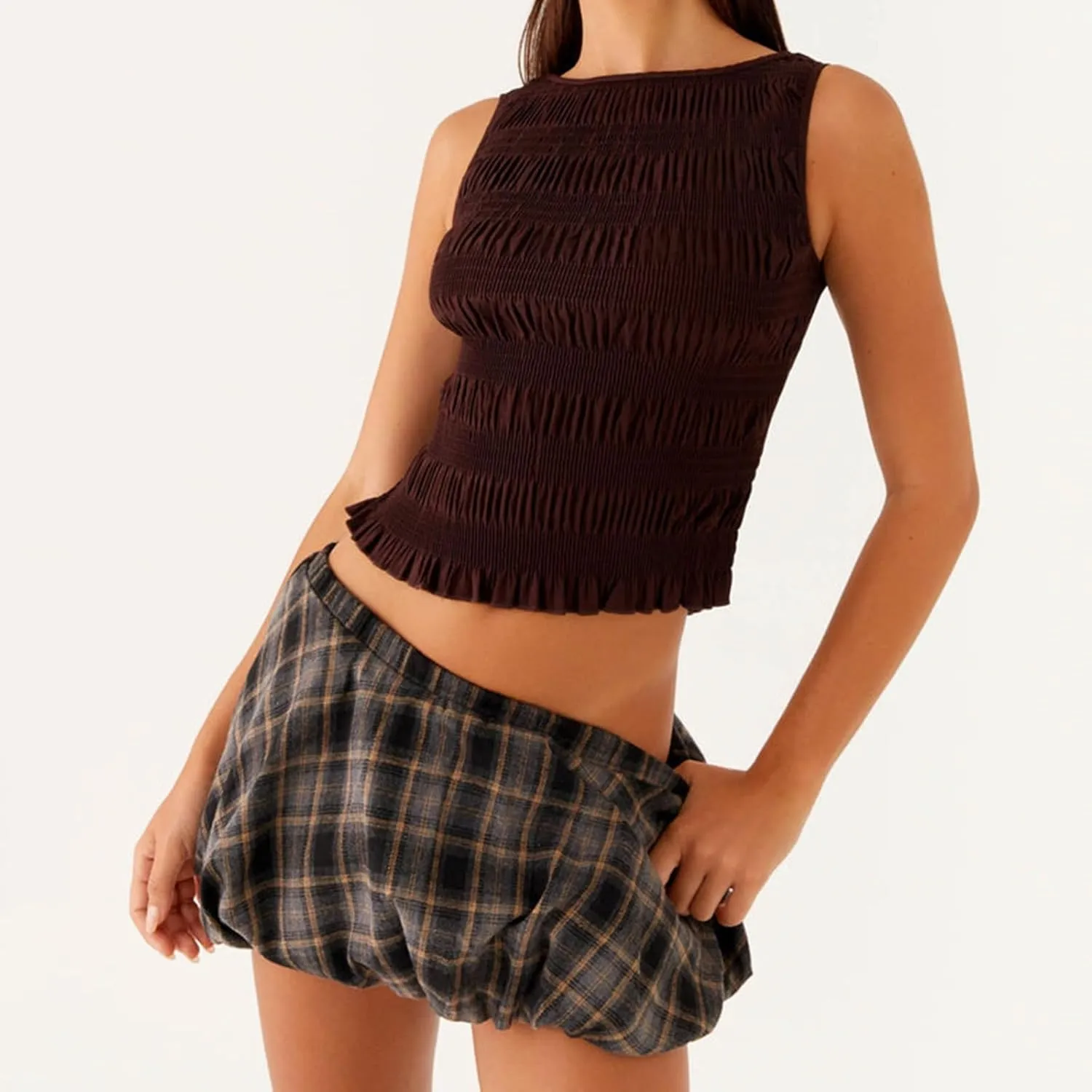 Summer Ruffle Hem Tops for Women Sleeveless Shirred Tank Tops Y2k Slim Fit Going Out Crop Tee Top