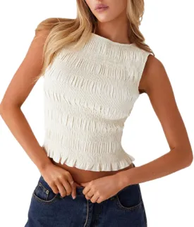 Summer Ruffle Hem Tops for Women Sleeveless Shirred Tank Tops Y2k Slim Fit Going Out Crop Tee Top