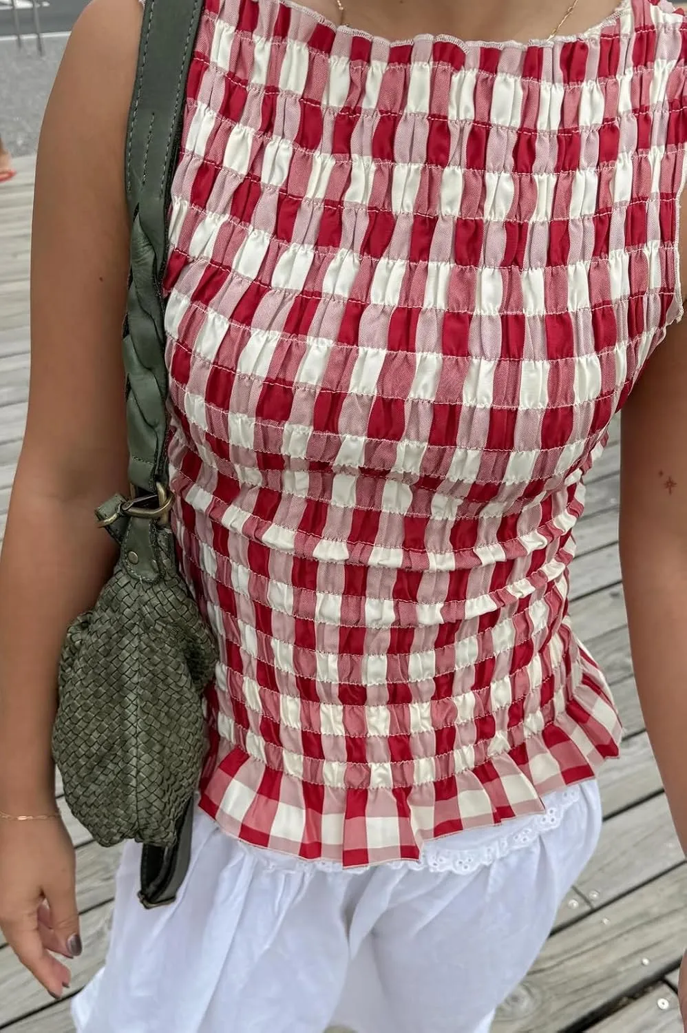 Summer Ruffle Hem Tops for Women Sleeveless Shirred Tank Tops Y2k Slim Fit Going Out Crop Tee Top