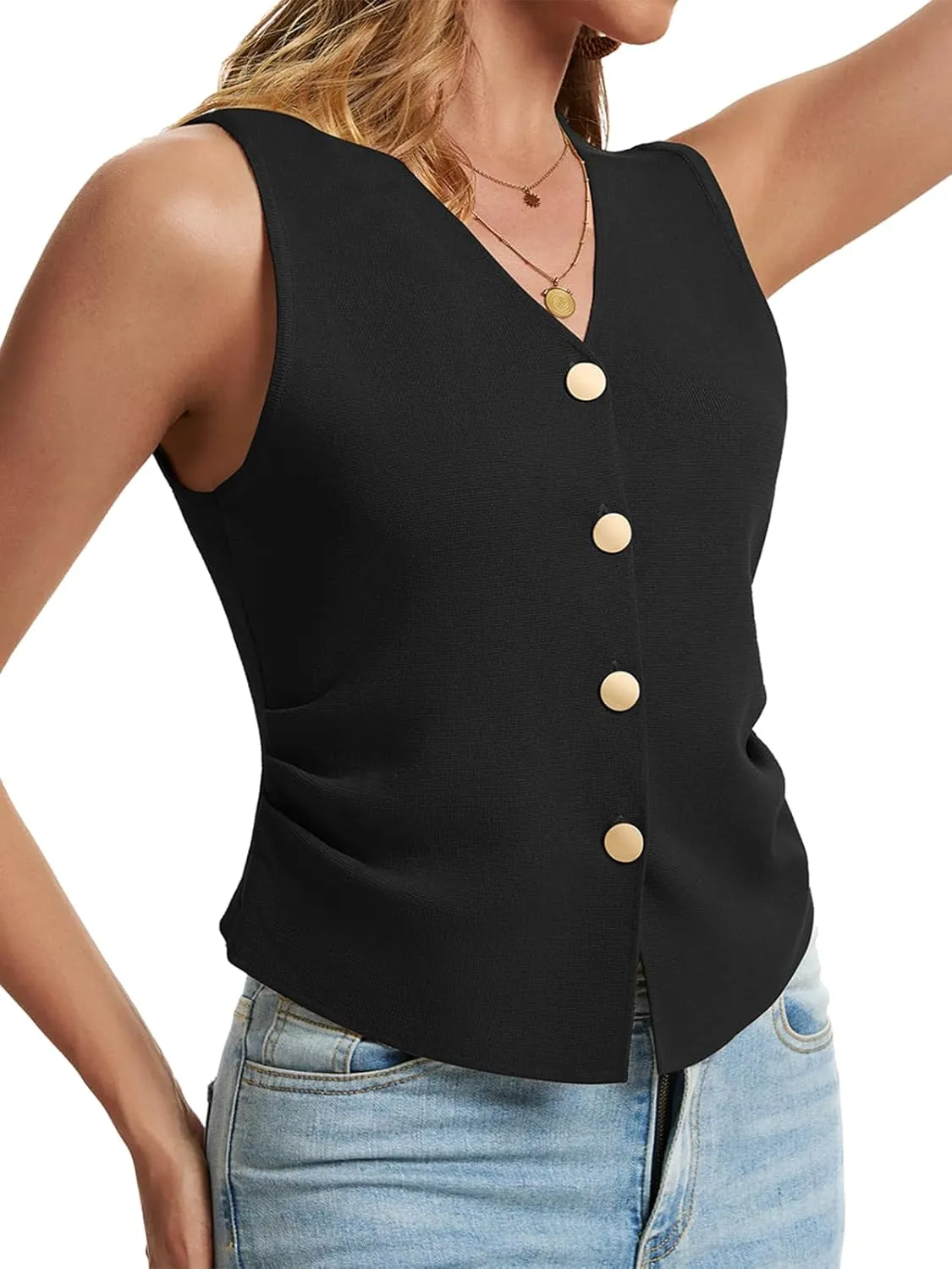 Sweater Vest Women Dressy Button Up Knit Sleeveless Tank Tops Work Business Casual Outfits Summer