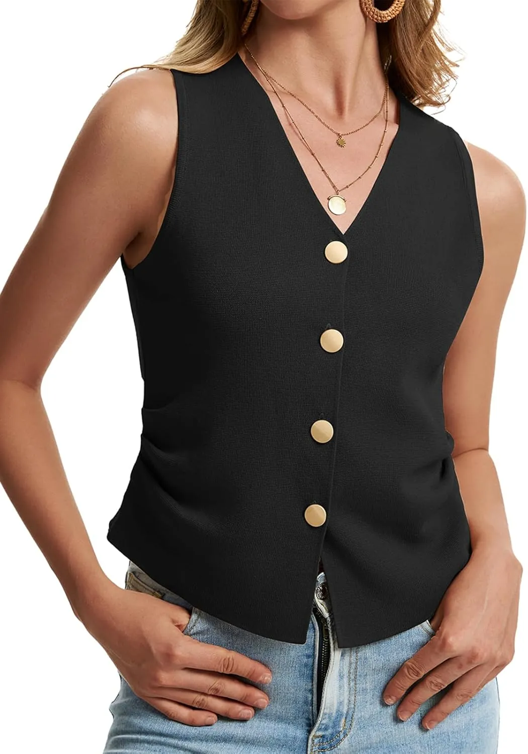 Sweater Vest Women Dressy Button Up Knit Sleeveless Tank Tops Work Business Casual Outfits Summer