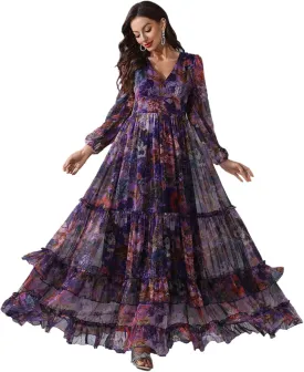 TOLEEN Summer Casual Dresses for Women 2024 Spring Fashion Boho V Neck Long Sleeve Ruffle Floral Print Elegant Maxi Dress
