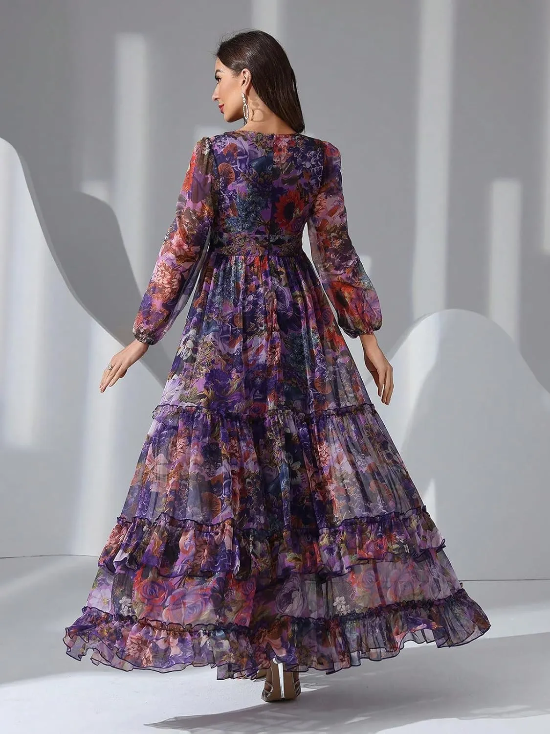 TOLEEN Summer Casual Dresses for Women 2024 Spring Fashion Boho V Neck Long Sleeve Ruffle Floral Print Elegant Maxi Dress