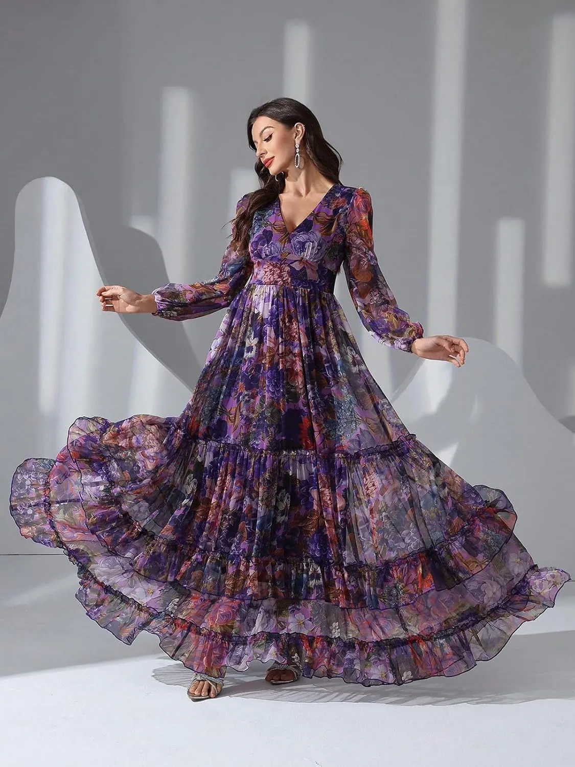 TOLEEN Summer Casual Dresses for Women 2024 Spring Fashion Boho V Neck Long Sleeve Ruffle Floral Print Elegant Maxi Dress