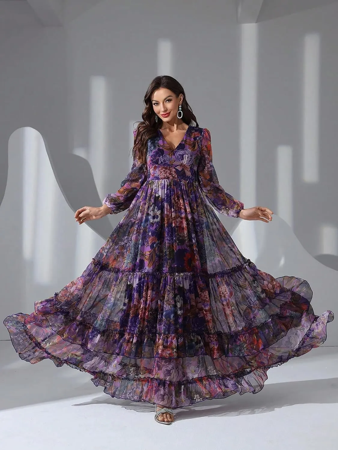 TOLEEN Summer Casual Dresses for Women 2024 Spring Fashion Boho V Neck Long Sleeve Ruffle Floral Print Elegant Maxi Dress
