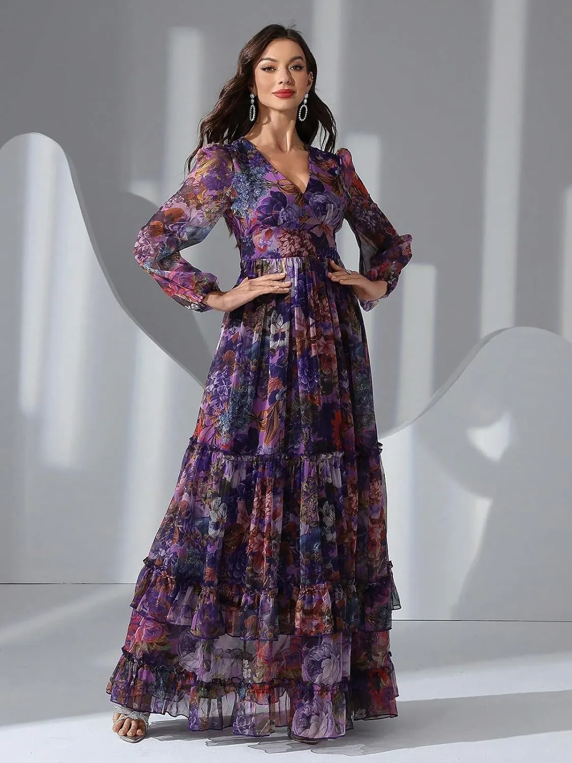 TOLEEN Summer Casual Dresses for Women 2024 Spring Fashion Boho V Neck Long Sleeve Ruffle Floral Print Elegant Maxi Dress