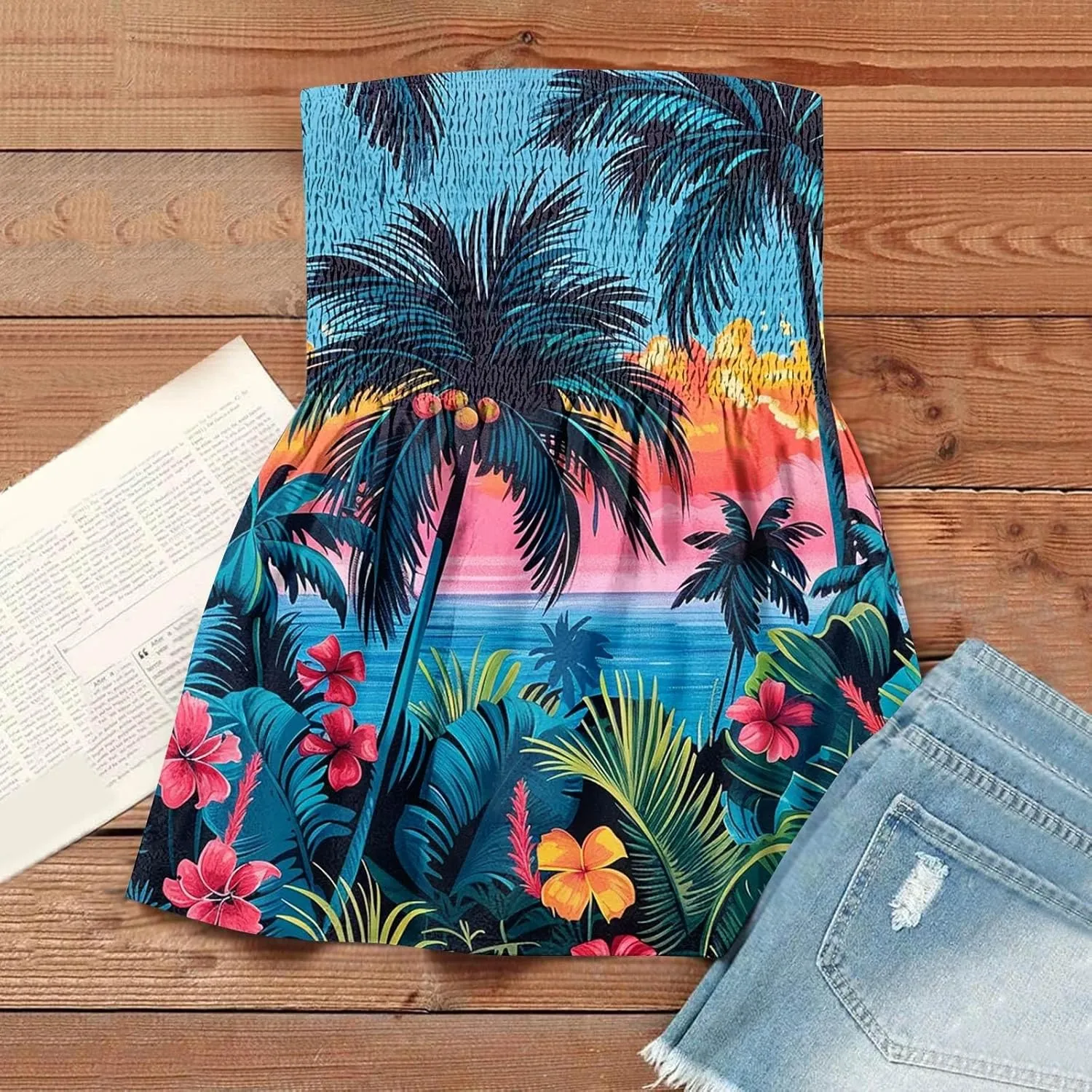 Tube Tops for Women Smocked Strapless Bandeau Tank Tops Sleeveless Hawaiian Print Bandeau Tunics Backless Shirt