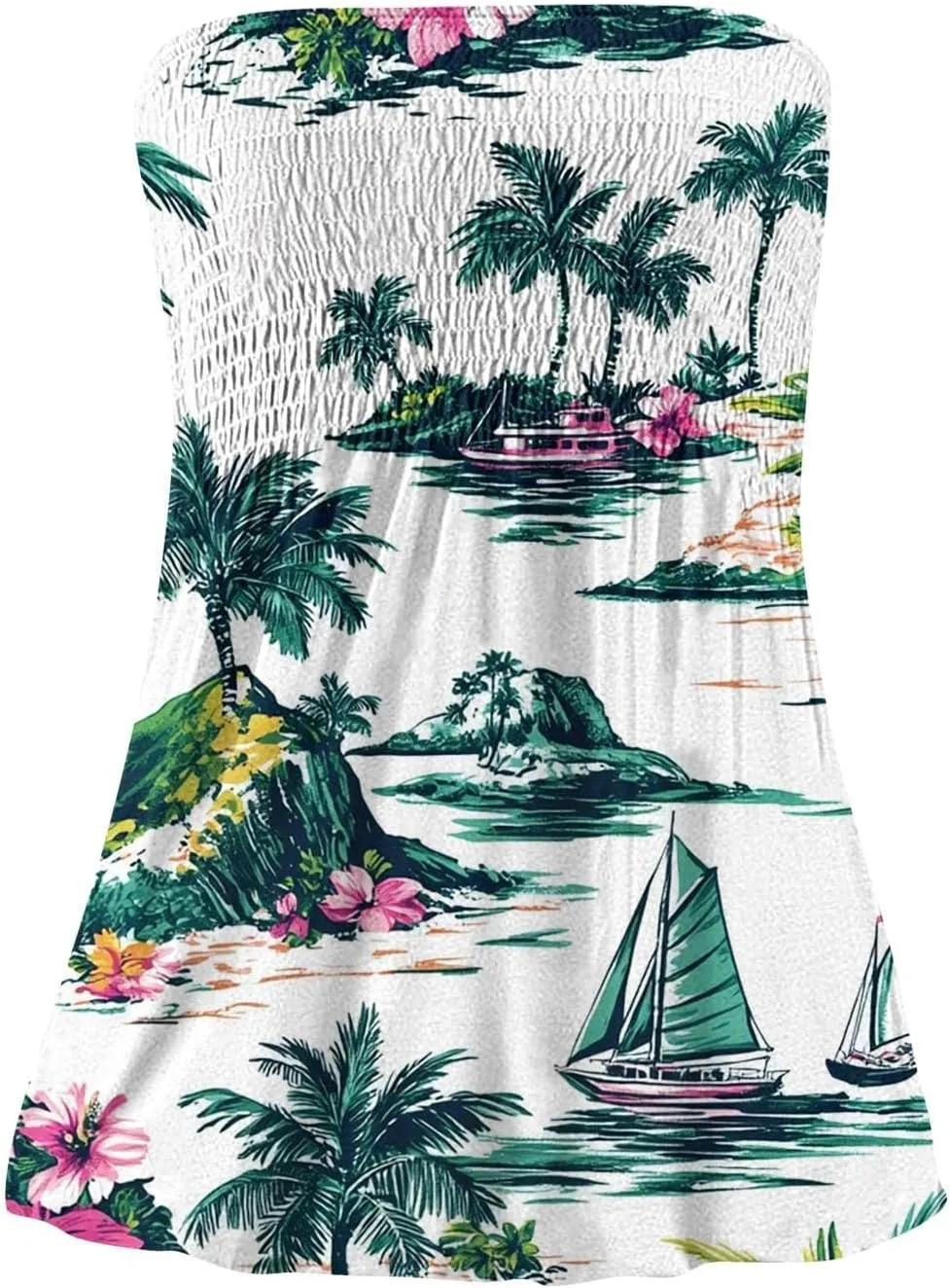 Tube Tops for Women Smocked Strapless Bandeau Tank Tops Sleeveless Hawaiian Print Bandeau Tunics Backless Shirt